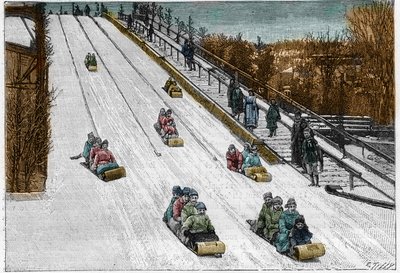 Winterspel en sport: de tobogan glijbaan, achtbaan in Montreal Park, Canada. Gravure in 