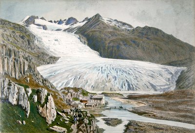 Winterlandschap en reizigers in de Pyreneeën, ca. 1850 (kleur litho) door French School