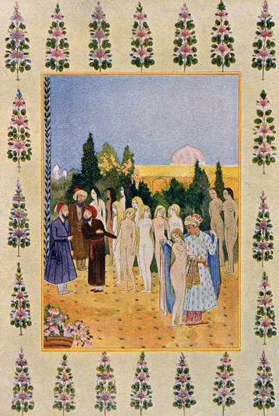 Met mijn Mantel Zal ik haar Naaktheid Beschermen, illustratie uit De Arabische Nachten, 1895 (kleurgravure) door French School