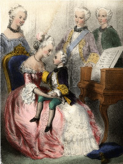 Wolfgang Amadeus Mozart (1756-1791) in de armen van de Oostenrijkse keizerin Marie-Therese - in 