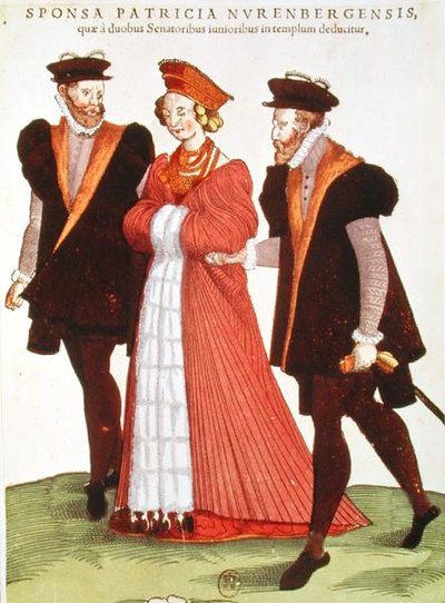 Vrouw uit Neurenberg begeleid naar de tempel door twee senatoren, 1572 door French School
