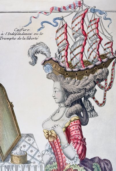 Vrouw in een Dagjurk met een kapsel à la Belle Poule, periode van Amerikaanse Onafhankelijkheid, 1779-80 door French School