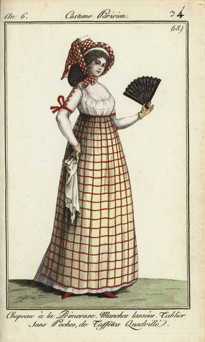 Vrouw in de Primerose hoed mode van 1798 door French School