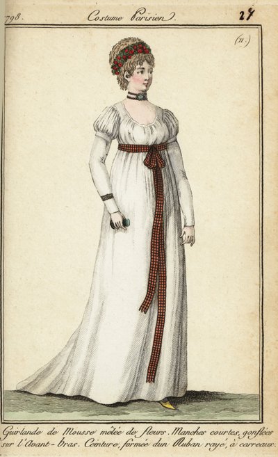 Vrouw in de mode van 1798 met kort haar onder een krans door French School