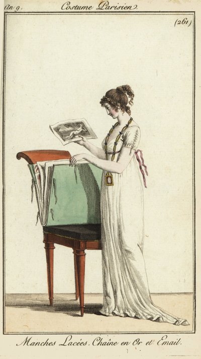 Vrouw die naar een portfolio van gravures kijkt door French School