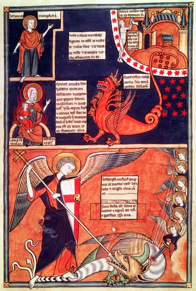 Vrouw van de Apocalyps Aangevallen door de Zevenkoppige Draak en St. Michael die de Draak Doodt, uit Liber Floridus door Lambert de Saint-Omer, c.1120 door French School