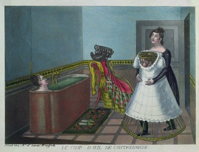 Vrouw die een bad neemt terwijl haar dienstmeid stiekem een gluurder verbergt, begin negentiende eeuw (kleurgravure) door French School