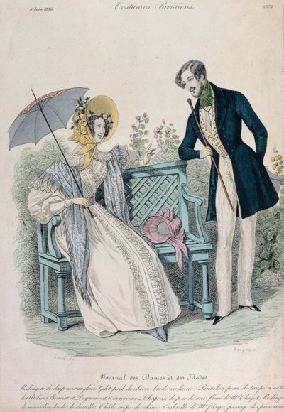 Vrouw met paraplu en man in rokjas in een tuin, modeplaat uit Journal des Dames et des Modes, 5 juni 1836 door French School