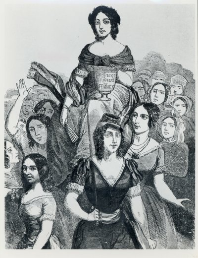 Vrouwen die Jeanne Deroin (1805-94) in Triomf dragen, uit Les Femmes Celebres, volume I, Parijs, Mazenod, 1848 door French School