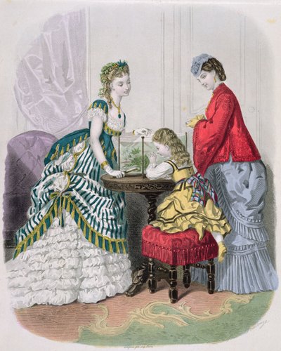 Vrouwen en een kind kijken naar een aquarium, uit La Mode Illustrée, ca. 1870 door French School