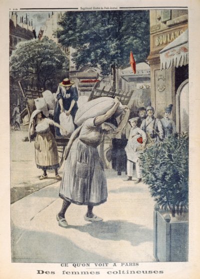 Vrouwen die zakken meel dragen tijdens de 1e Wereldoorlog in Parijs, illustratie uit Le Petit Journal, 8 juli 1917 door French School