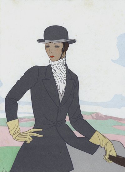 Damesrijpak uit de jaren 1920 (kleurenlitho) door French School