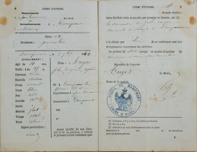 Arbeidershandboek uitgegeven door Mairie van Dampmart aan Felix Auger (geb. 1850), 1864 door French School