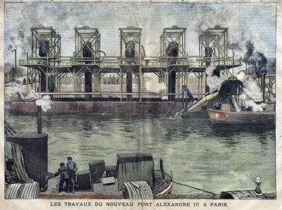 Werken in Parijs aan de Pont Alexandre III. Gravure van april 1898 in 