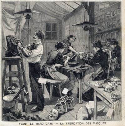 Werkplaats voor het maken van maskers voor de verkleedpartijen van het Mardi Gras-festival. In 