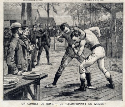 Wereldkampioenschap: bokswedstrijd tussen Jim Corbett en Bob Fitzsimmons in Carson, Nevada, Verenigde Staten: In The Little Parisien op 11/04/1897 door French School