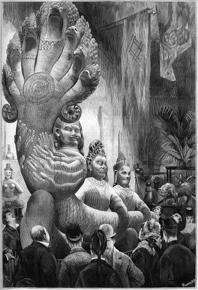 Wereldtentoonstelling 1878 in Parijs: beelden van de Cambodjaanse reuzen en Polycephal Serpent, gerapporteerd uit Cambodja door de Delaporte-missie, tentoongesteld in de Trocadero Retrospective Gallery. Gravure in 