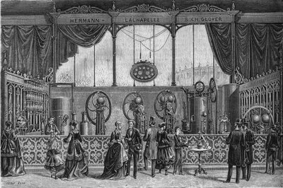 Wereldtentoonstelling van 1867: gaswaterapparaten uitgevonden door Hermann Lachapelle en Glover. Gravure in "Le Monde Illustré" n°578 van 9 mei 1868. door French School