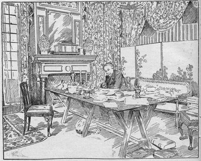 Schrijver Alexandre Dumas Jr. (1824-1895) in zijn werkkamer. Gravure in 