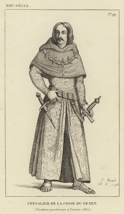 13e eeuw, Ridder van de Cosse du Genet, Kostuum na het jaar 1365 (gravure) door French School