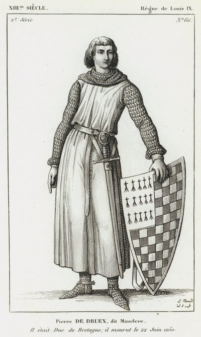 XIII Eeuw, Regering van Lodewijk IX, Pierre de Druex, genaamd Mauclere, Hij was Hertog van Bretagne; hij stierf op 22 juni 1250 door French School