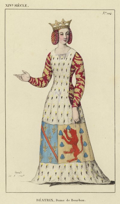 XIV eeuw, Beatrix, Dame van Bourbon (gekleurde gravure) door French School