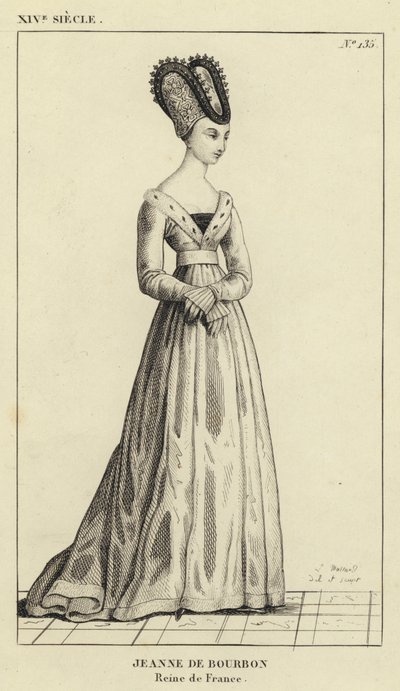 14e eeuw, Jeanne de Bourbon, Koningin van Frankrijk (gravure) door French School
