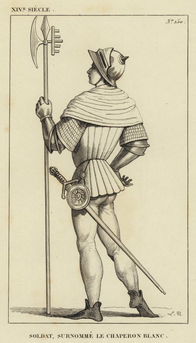 14e eeuw, Soldaat, bijgenaamd de Witte Kap (gravure) door French School