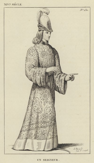 XIV Eeuw, Een Heer (gravure) door French School
