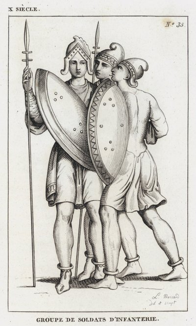 10e eeuw, Groep infanteriesoldaten (gravure) door French School