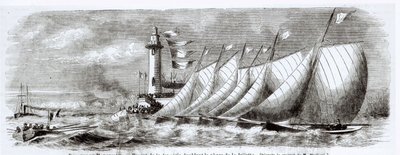 Jachten ronden de Joliette Vuurtoren tijdens de Regatta van 1864 in Marseille, uit Le Monde Illustré door French School