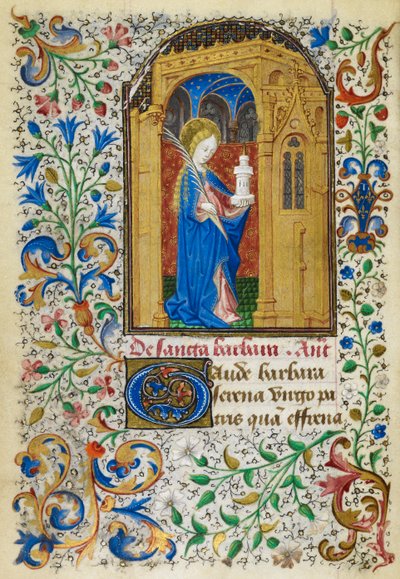 Miniatuur van St. Barbara onder een gouden boog, met een palm en haar toren, met een volledige foliatenrand, aan het begin van haar suffragie, uit 