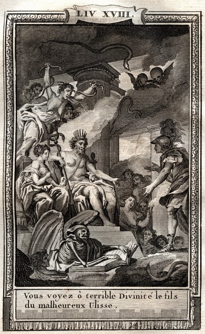 U ziet o verschrikkelijke godheid de zoon van de boze Ulisse - gravure van 1798 door Monnet in 