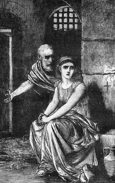 Jonge christelijke maagd Theodora van Alexandrië opgesloten in een huis van losbandigheid omdat ze weigerde haar geloof op te geven. Gravure in 