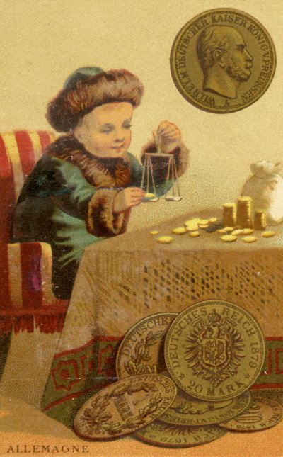 Jonge Duitse bankier die Duitse marken weegt, uit een serie promotiekaarten over valuta in verschillende landen, gepubliceerd in Parijs door Baster & Vieillemard voor gebruik door de chocoladeproducent, Chocolat door French School