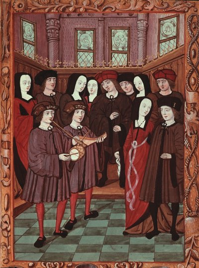 Jong stel luistert naar muzikanten, afbeelding uit een Frans manuscript door French School