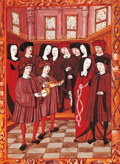 Jong stel luistert naar muzikanten, afbeelding uit een Frans manuscript door French School