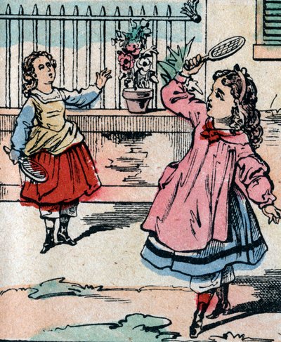 Jonge meisjes spelen battledore en shuttlecock, vroeg spel vergelijkbaar met badminton - Epinal afbeelding - 19e eeuw (gravure) door French School