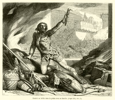 Zambri verbrandt zichzelf in het paleis met zijn familie (gravure) door French School