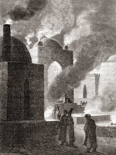 Zoroastrische vuuraanbidders in een Vuurtempel in Bakoe, Azerbeidzjan, uit 