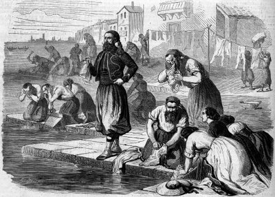 Zouaven van het Franse leger doen hun was. Italië, Risorgimento van 1859. Gravure in 