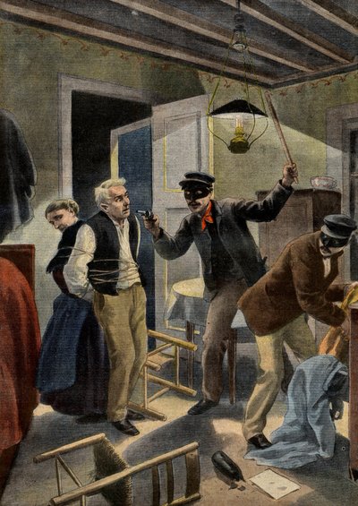 Banditisme - Een ouder echtpaar beroofd door gemaskerde indringers in hun huis in de Gers, Frankrijk. Scène van banditisme in de Gers. Illustratie voor Le Petit Journal, 26 januari 1902 door French School
