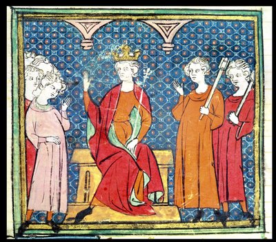 f.14v Childerik II (ca. 653-73), Merovingische koning van Austrasië, uit de Grandes Chroniques de France, 1375-79 door French School