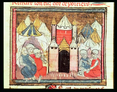 f.259r Het Beleg van Chateau-Gaillard in 1204 toen Filips Augustus van Frankrijk (1165-1223) koning Jan (Lackland) van Engeland (1199-1216) versloeg, uit de Grandes Chroniques de France, 1375-79 door French School