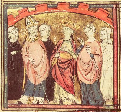f.73r Dagobert I (605-39), koning van de Franken ontvangt het koninkrijk Frankrijk, uit de Grandes Chroniques de France, 1375-79 door French School