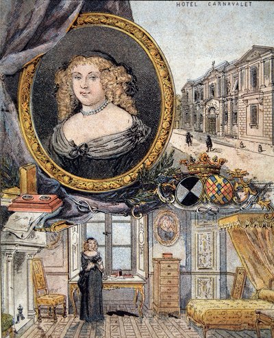 Portret van Marie de Rabutin-Chantal (Rabutin Chantal), Markiezin van Sévigné bekend als Madame de Sévigné (1626-1696) en haar residentie Hotel Carnavalet door French School