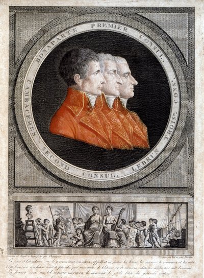 Portret van de drie consuls, Napoleon Bonaparte (1769-1821), Jean Jacques Regis (Jean-Jacques-Regis) de Cambaceres (1753-1824) en Charles Francois Lebrun (1739-1824) door French School