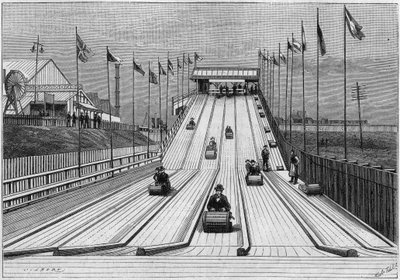 Achtbaan of tobocanning, werkend op de Liverpool Exhibition (Groot-Brittannië), naar een foto. Gravure in 