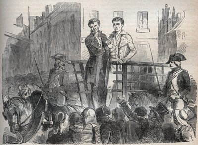 De Lyonse postaffaire: Joseph Lesurques en Couriol gaan naar de guillotine op 3 oktober 1796 (gravure in 