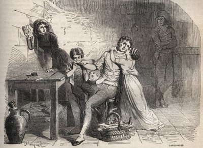De Lyonse postaffaire: Het afscheid van Joseph Lesurques van zijn familie: ten onrechte beschuldigd van de aanval op de Lyonse postkoets in 1796 en geëxecuteerd - Gravure door French School